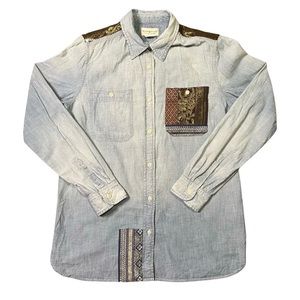 Ralph Lauren Denim & Supply Sandwashed Denim Gold Foil Brocade Shirt M